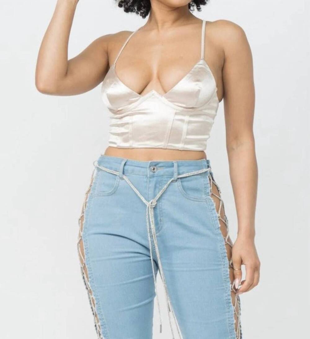 NEW HERA just me satin corset crop top in champagne